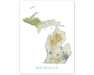 Michigan State Map Print Poster, Home Wall Decor Landscape Wall Art Terrain, MI Road Maps