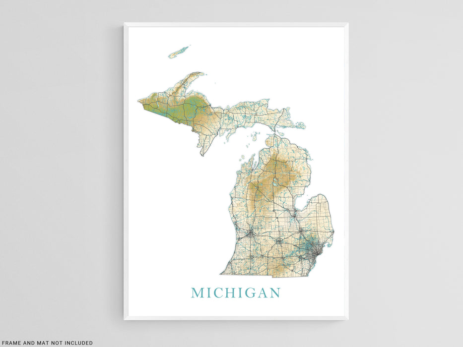 Michigan State Map Print Poster, Home Wall Decor Landscape Wall Art Terrain, MI Road Maps