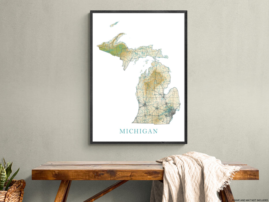 Michigan State Map Print Poster, Home Wall Decor Landscape Wall Art Terrain, MI Road Maps