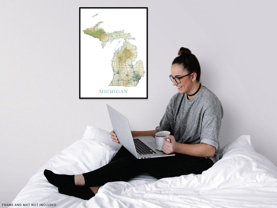 Michigan State Map Print Poster, Home Wall Decor Landscape Wall Art Terrain, MI Road Maps