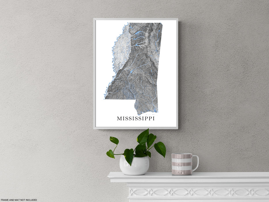 Mississippi state map print with a black and white topographic landscape design by Maps As Art.