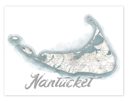 Nantucket Island Map Watercolor Style Coastal Decor Design Wall Art Print Poster, Contour Maps