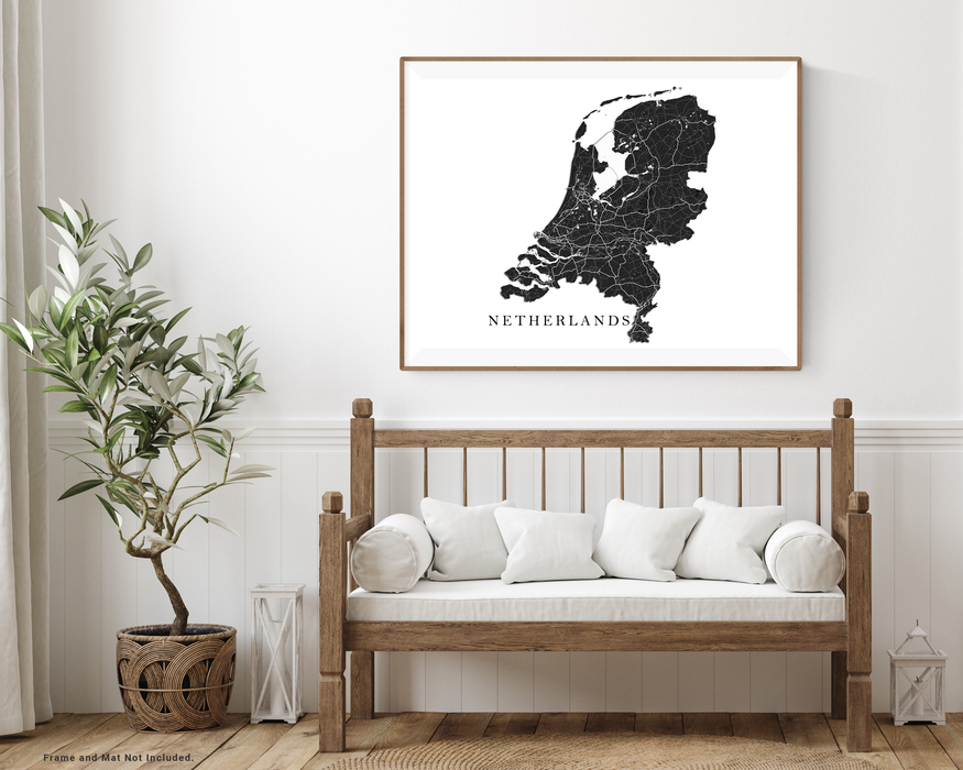 Netherlands Topographic Map Print Poster, Black and White Wall Art Holland Maps