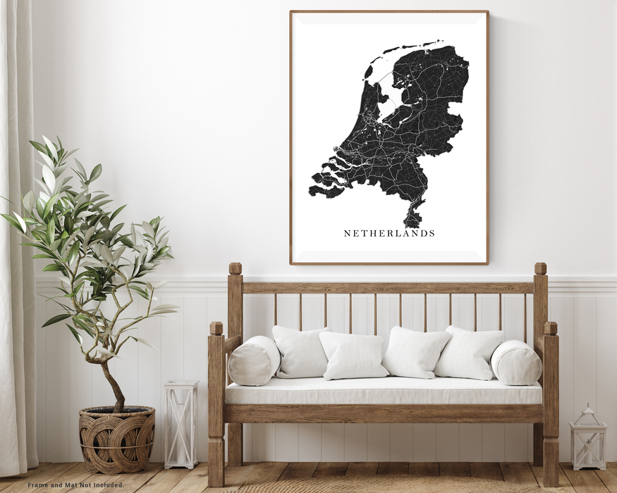 Netherlands Topographic Map Print Poster, Black and White Wall Art Holland Maps