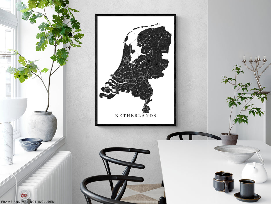 Netherlands Topographic Map Print Poster, Black and White Wall Art Holland Maps