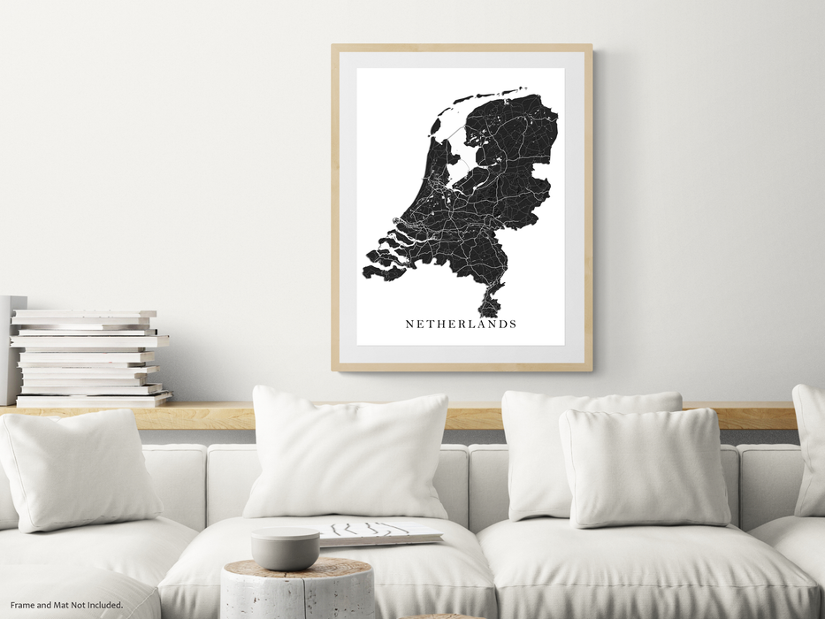 Netherlands Topographic Map Print Poster, Black and White Wall Art Holland Maps