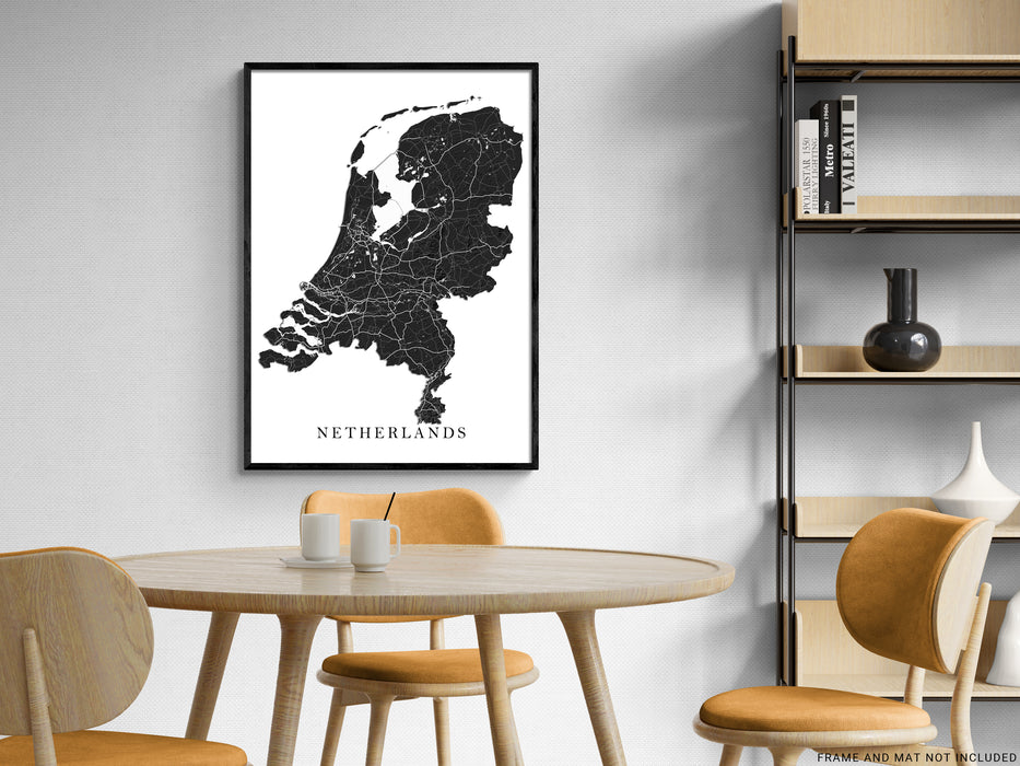 Netherlands Topographic Map Print Poster, Black and White Wall Art Holland Maps