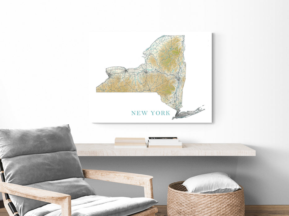 New York State Map Print Poster, Home Wall Decor Landscape Art Terrain, NY Road Maps