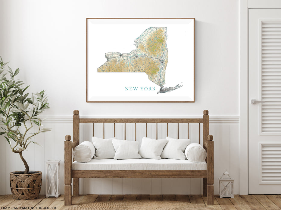 New York State Map Print Poster, Home Wall Decor Landscape Art Terrain, NY Road Maps