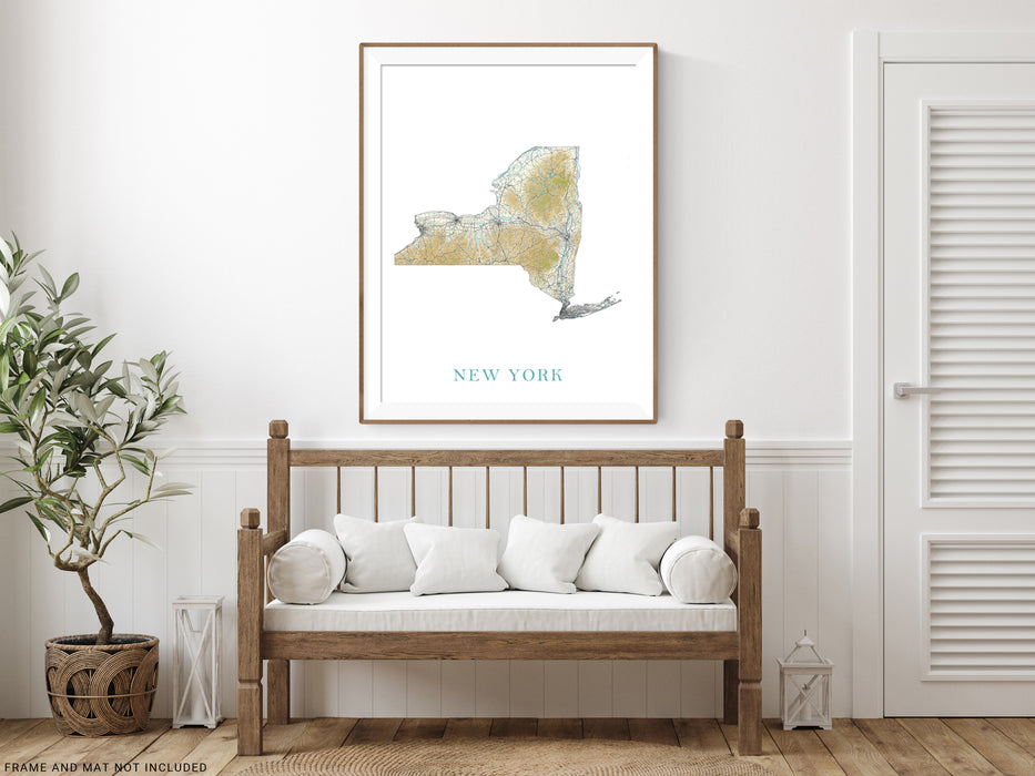 New York State Map Print Poster, Home Wall Decor Landscape Art Terrain, NY Road Maps