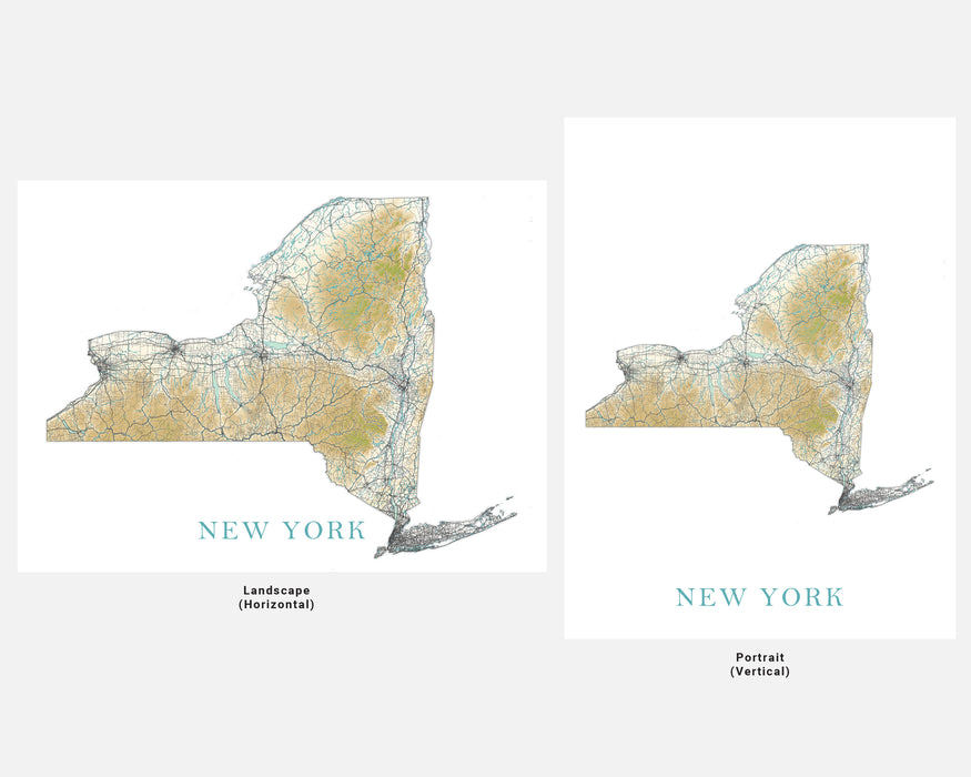 New York State Map Print Poster, Home Wall Decor Landscape Art Terrain, NY Road Maps