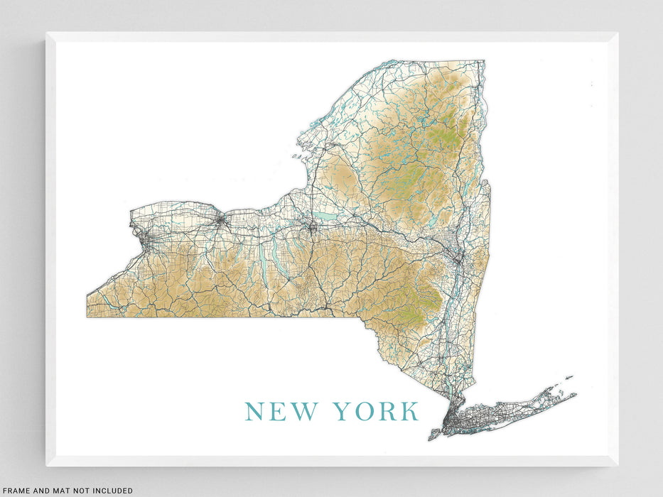 New York State Map Print Poster, Home Wall Decor Landscape Art Terrain, NY Road Maps