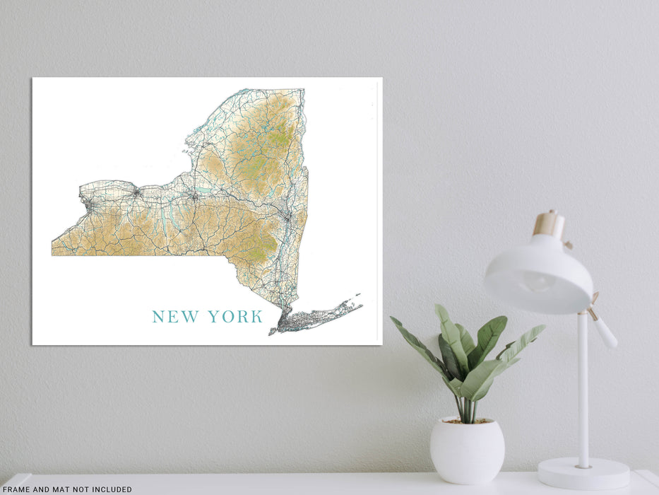 New York State Map Print Poster, Home Wall Decor Landscape Art Terrain, NY Road Maps