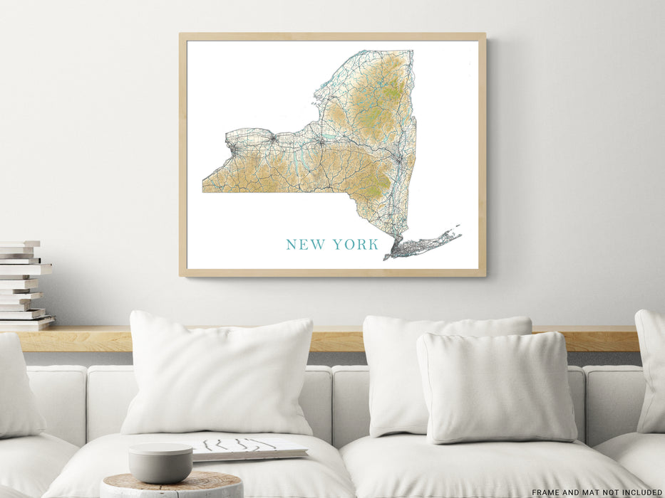 New York State Map Print Poster, Home Wall Decor Landscape Art Terrain, NY Road Maps