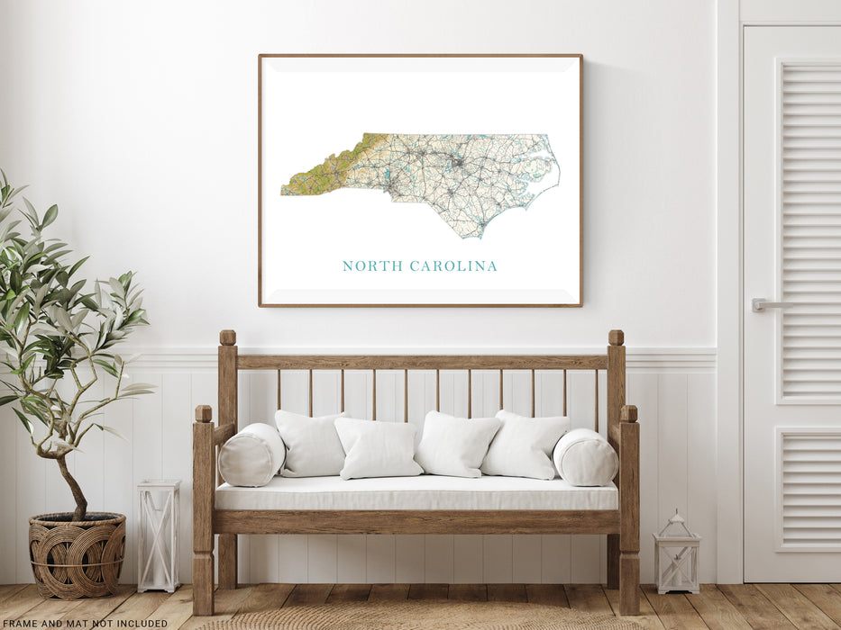 North Carolina Art Poster Print, NC Map of North Carolina State Landscape Road Maps for Wall Decor