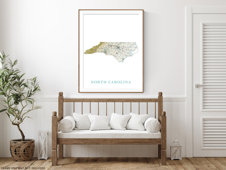 North Carolina Art Poster Print, NC Map of North Carolina State Landscape Road Maps for Wall Decor