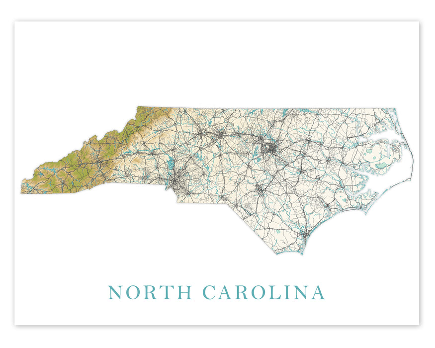 North Carolina Art Poster Print, NC Map of North Carolina State Landscape Road Maps for Wall Decor