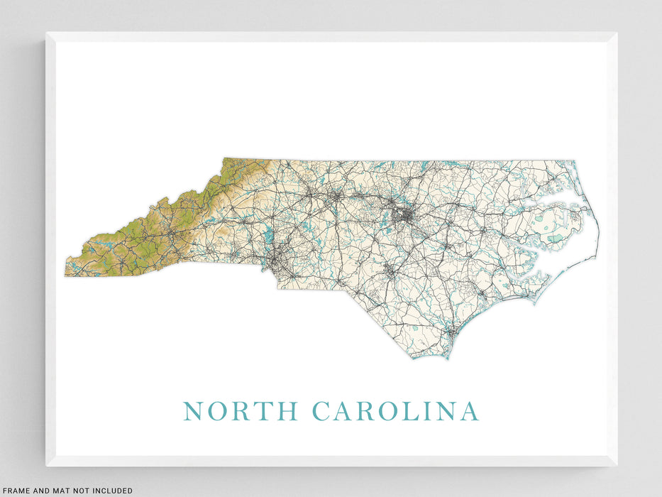 North Carolina Art Poster Print, NC Map of North Carolina State Landscape Road Maps for Wall Decor