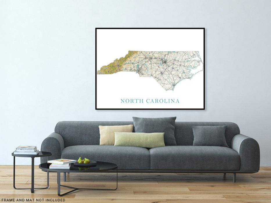 North Carolina Art Poster Print, NC Map of North Carolina State Landscape Road Maps for Wall Decor