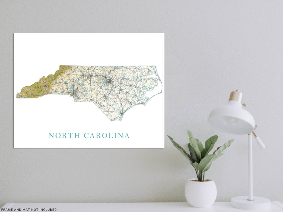 North Carolina Art Poster Print, NC Map of North Carolina State Landscape Road Maps for Wall Decor