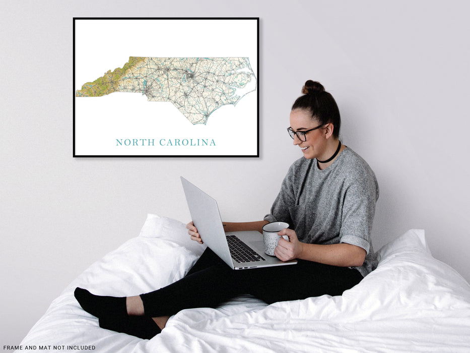 North Carolina Art Poster Print, NC Map of North Carolina State Landscape Road Maps for Wall Decor