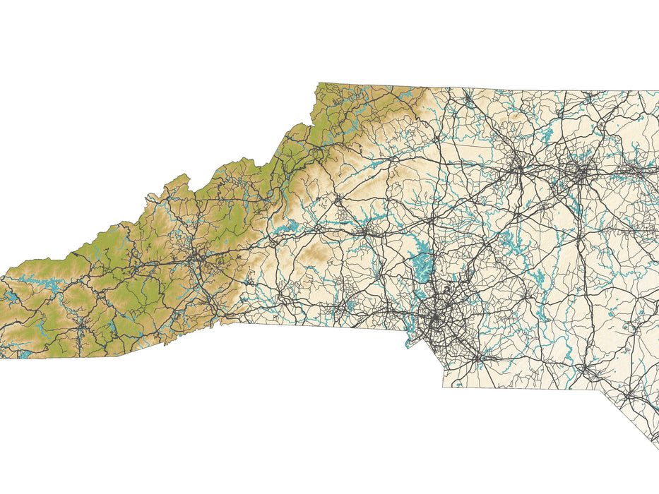 North Carolina Art Poster Print, NC Map of North Carolina State Landscape Road Maps for Wall Decor