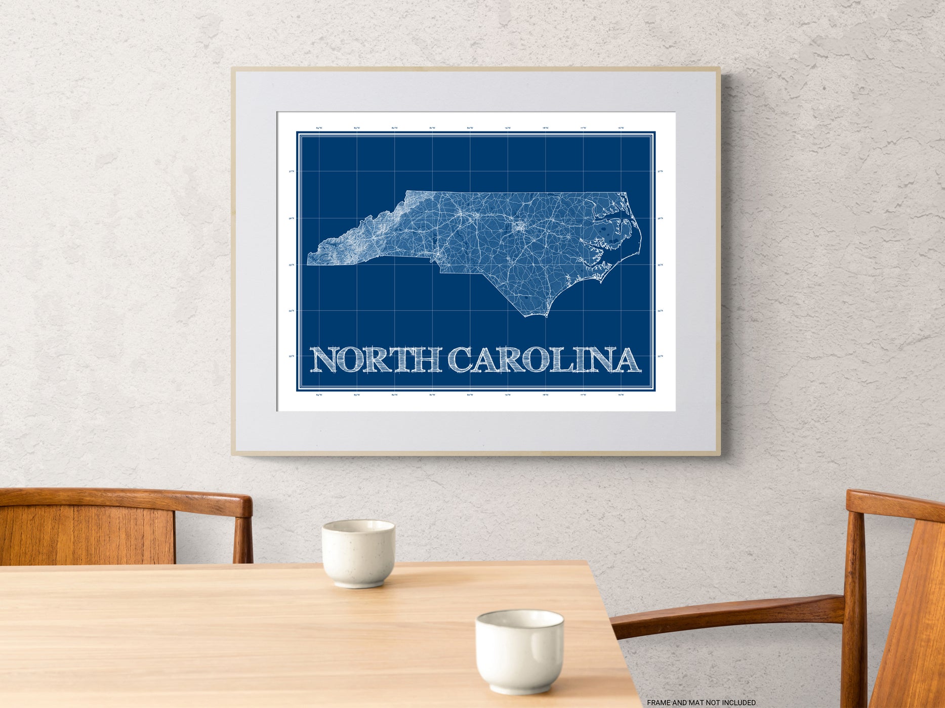 North Carolina State Map Print Poster, Blueprint Navy Blue Topographic ...