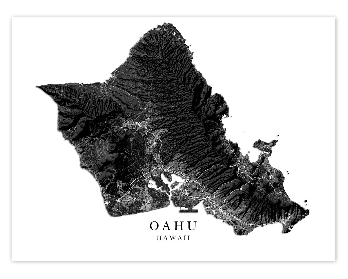 Oahu Hawaii Map Wall Art Print Poster, Black and White Topographic Haw —  Maps As Art