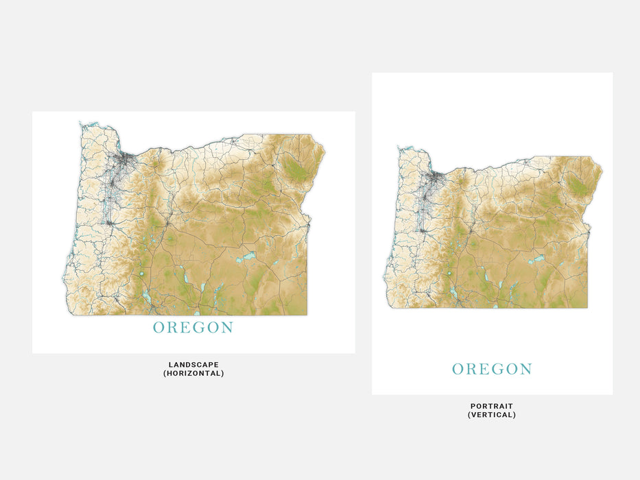 Oregon State Wall Art Map Print Poster, Topographic Landscape Road Maps for Home Decor