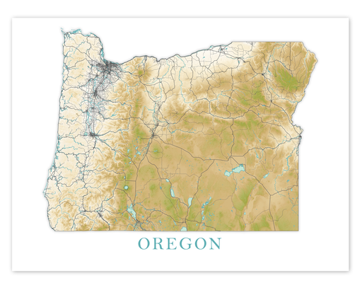 Oregon State Wall Art Map Print Poster, Topographic Landscape Road Maps for Home Decor