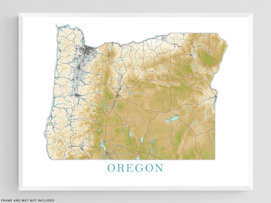 Oregon State Wall Art Map Print Poster, Topographic Landscape Road Maps for Home Decor