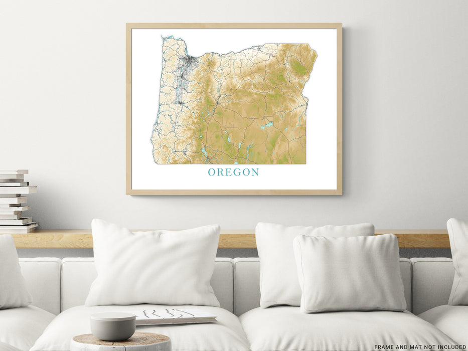 Oregon State Wall Art Map Print Poster, Topographic Landscape Road Maps for Home Decor