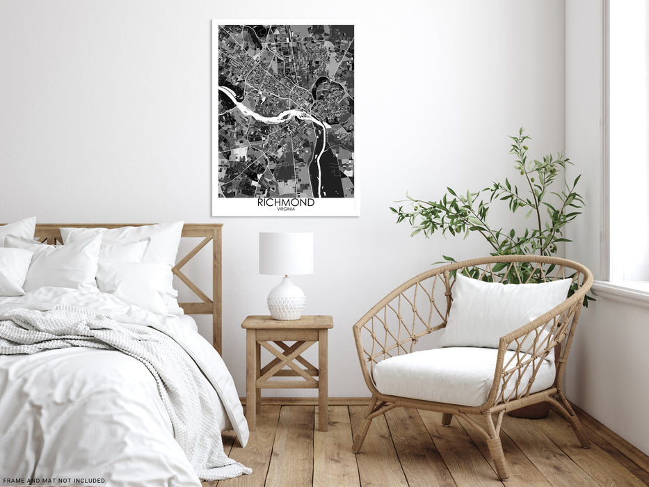 Richmond Virginia black and white geometric city map print poster by Maps As Art.