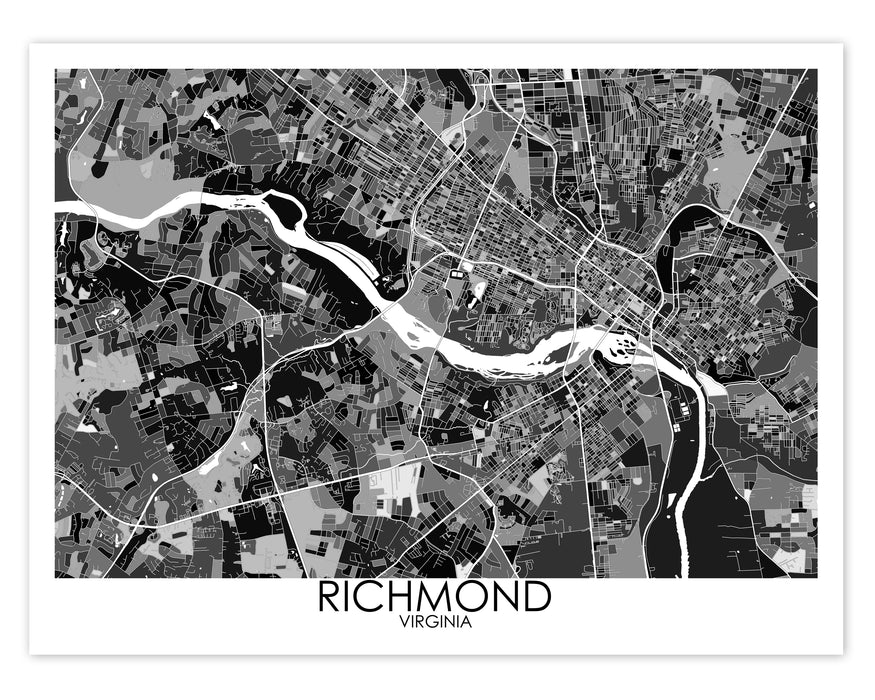 Richmond Virginia black and white geometric city map print poster by Maps As Art.