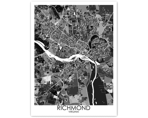 Richmond Virginia black and white geometric city map print poster by Maps As Art.