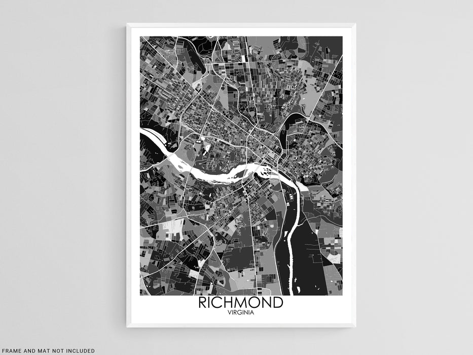 Richmond Virginia black and white geometric city map print poster by Maps As Art.