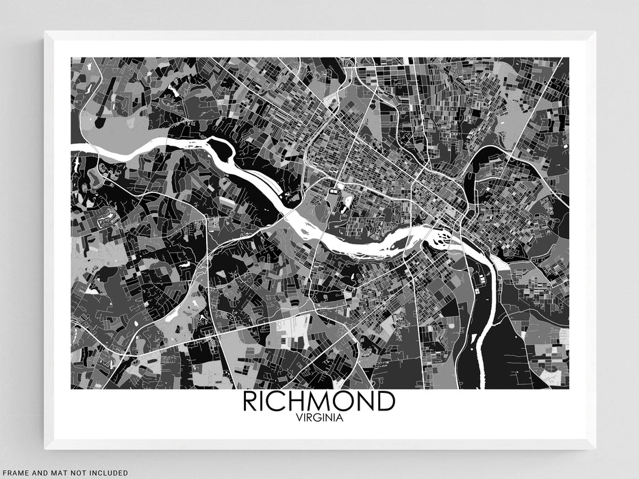 Richmond Virginia black and white geometric city map print poster by Maps As Art.