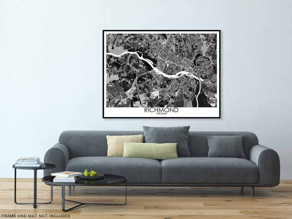 Richmond Virginia black and white geometric city map print poster by Maps As Art.