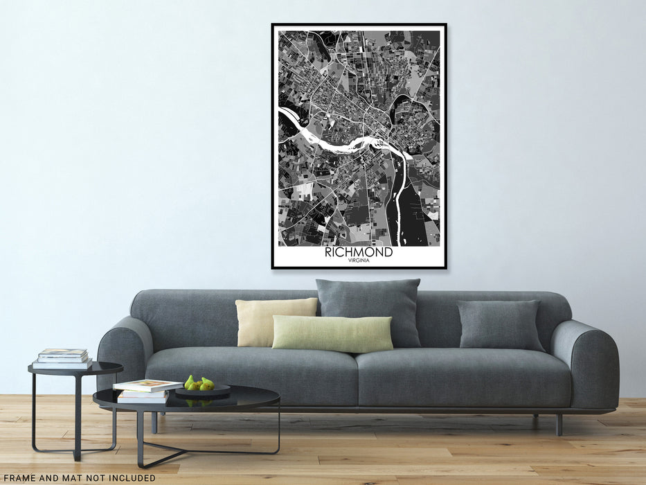 Richmond Virginia black and white geometric city map print poster by Maps As Art.