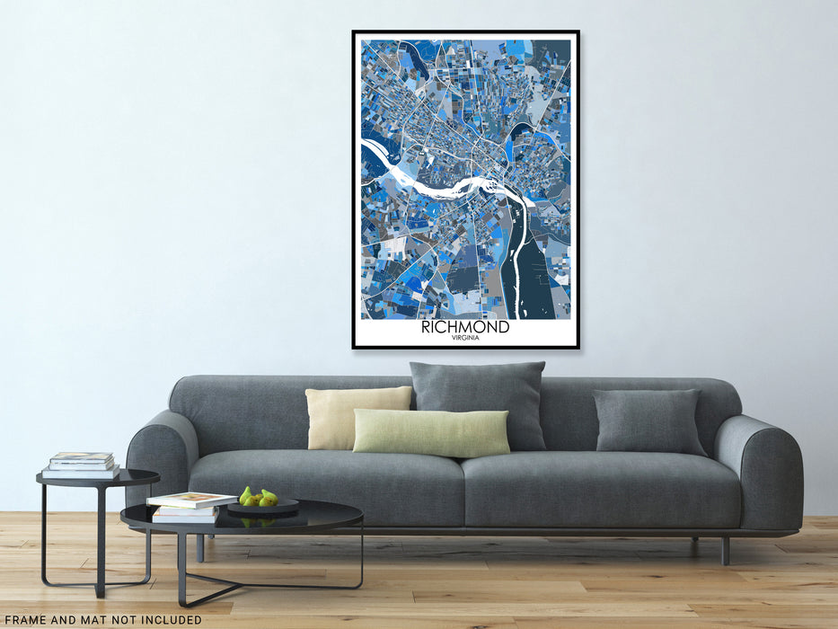 Richmond Virginia blue geometric city map print poster by Maps As Art.