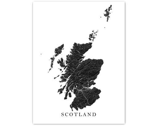 Scotland map art print/poster with black and white landscape features and main roads.