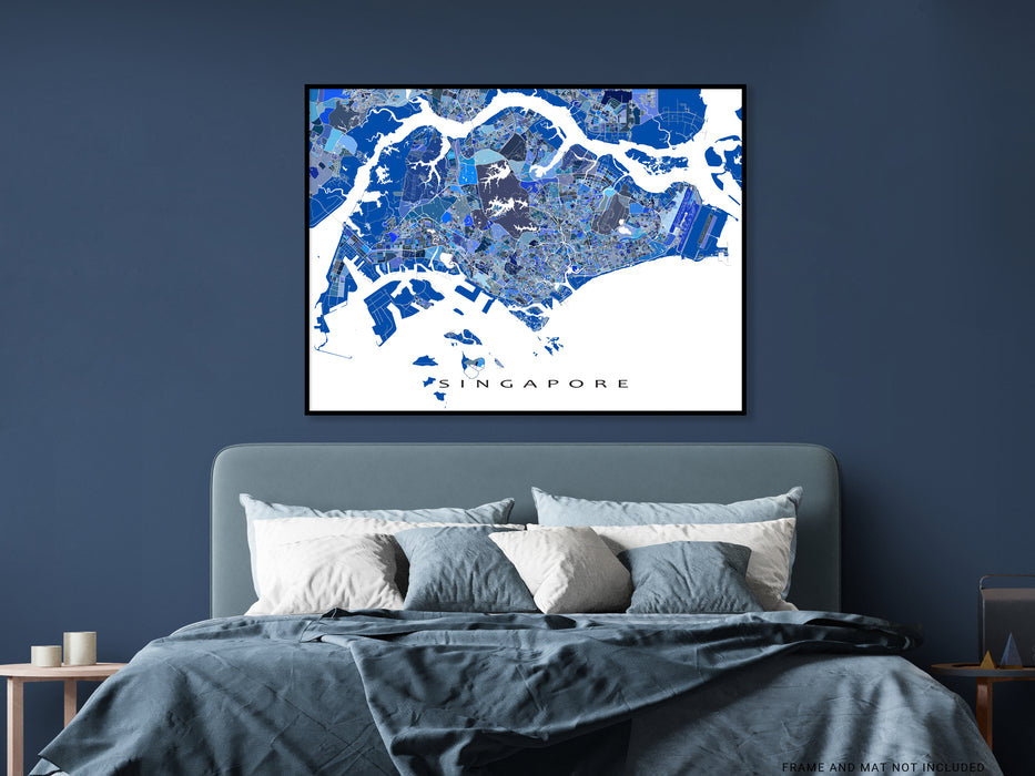 Singapore Map Print, Geometric Blue Wall — City Street Maps As Singapore Country Art