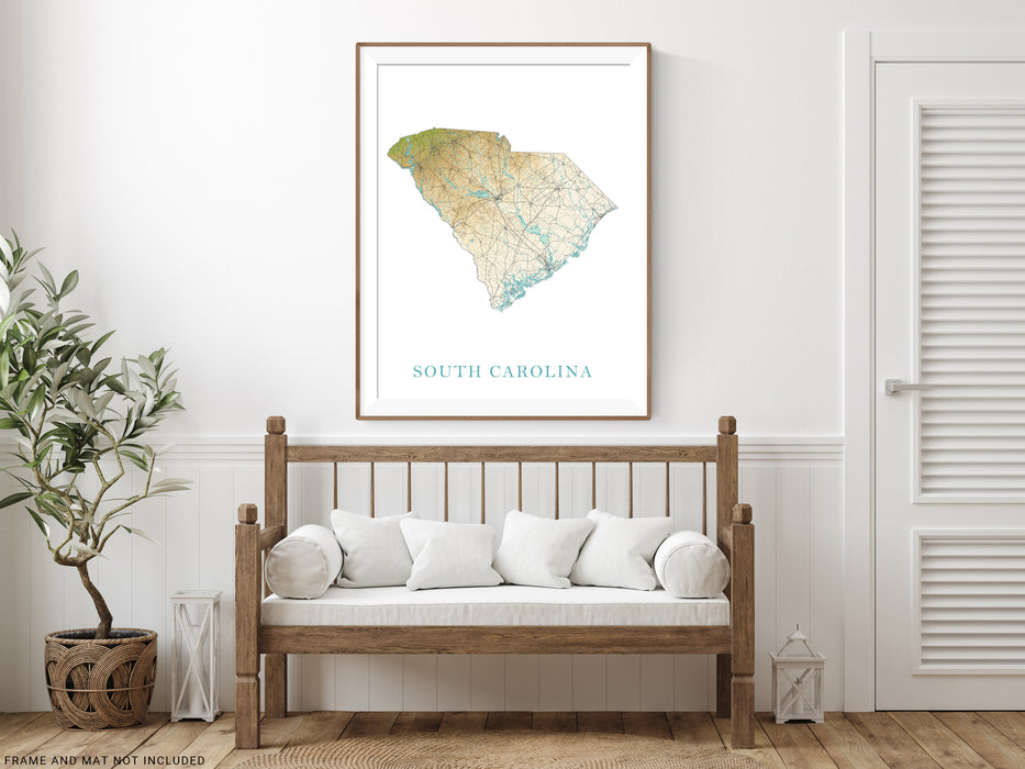 South Carolina State Map Wall Art Print Poster, Topographic Landscape SC Road Maps