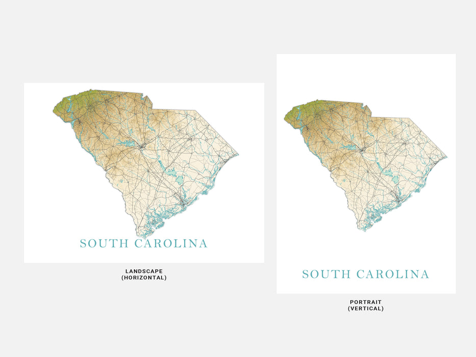 South Carolina State Map Wall Art Print Poster, Topographic Landscape SC Road Maps