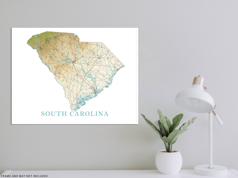 South Carolina State Map Wall Art Print Poster, Topographic Landscape SC Road Maps