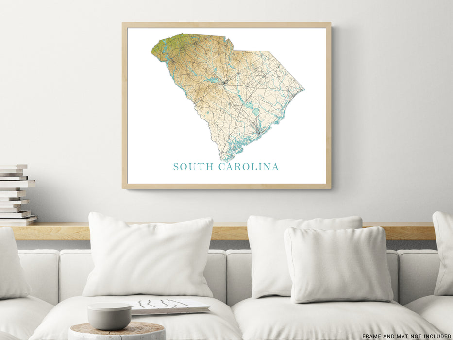 South Carolina State Map Wall Art Print Poster, Topographic Landscape SC Road Maps