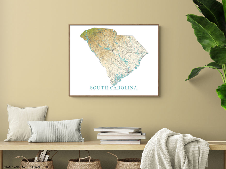 South Carolina State Map Wall Art Print Poster, Topographic Landscape SC Road Maps