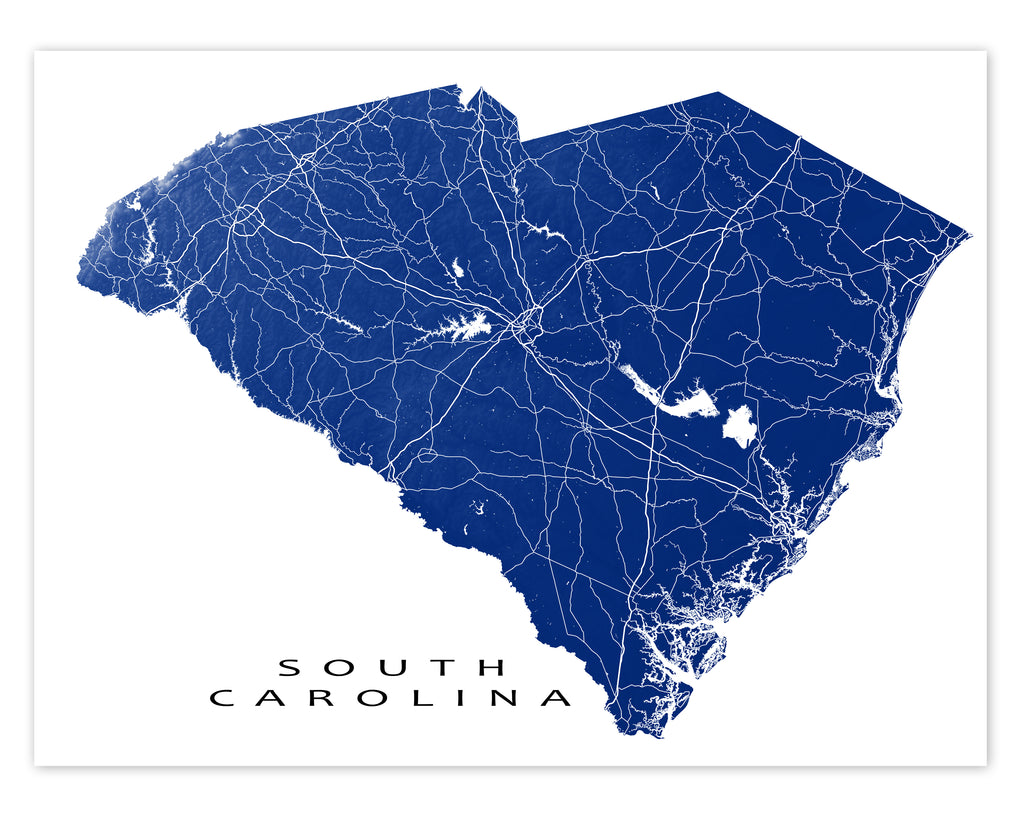 South Carolina Map Wall Art Print Poster, USA SC State Road Maps,  Charleston Columbia