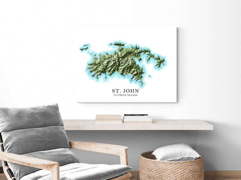 St. John, US Virgin Islands map print poster with a watercolour style design, main island roads and topographic landscape features by Maps As Art.