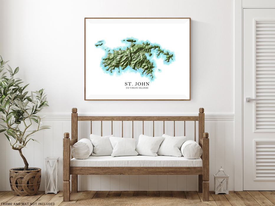 St. John, US Virgin Islands map print poster with a watercolour style design, main island roads and topographic landscape features by Maps As Art.